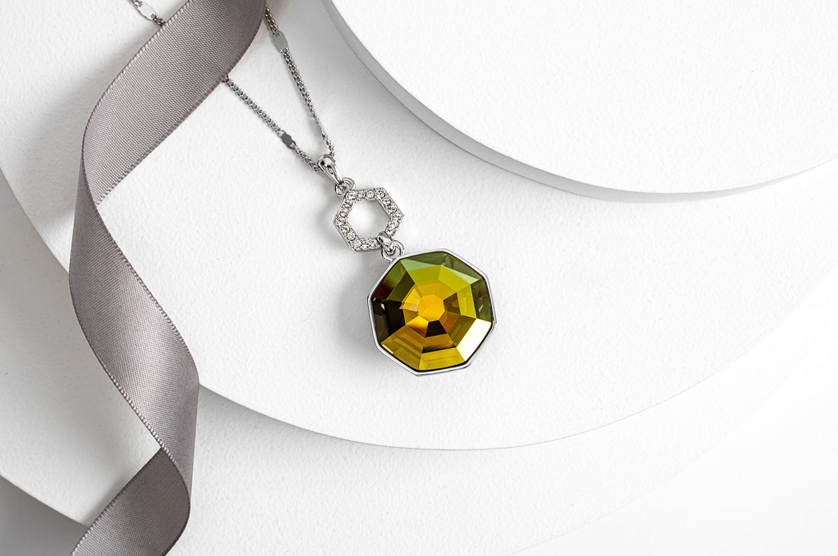 Gold Hexagon Crystal Long Statement Necklace