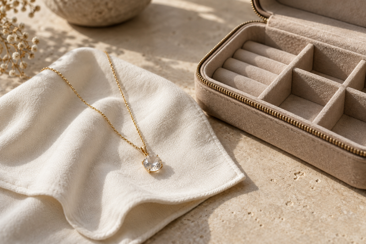 Soft cloth and crystal necklace on a marble table