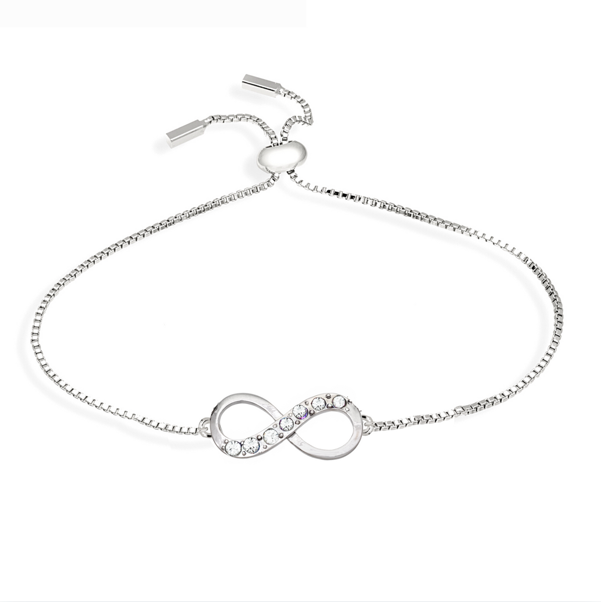 Infinity bracelet with Swarovski crystals, adjustable design, available in gold or rhodium finish – by callura