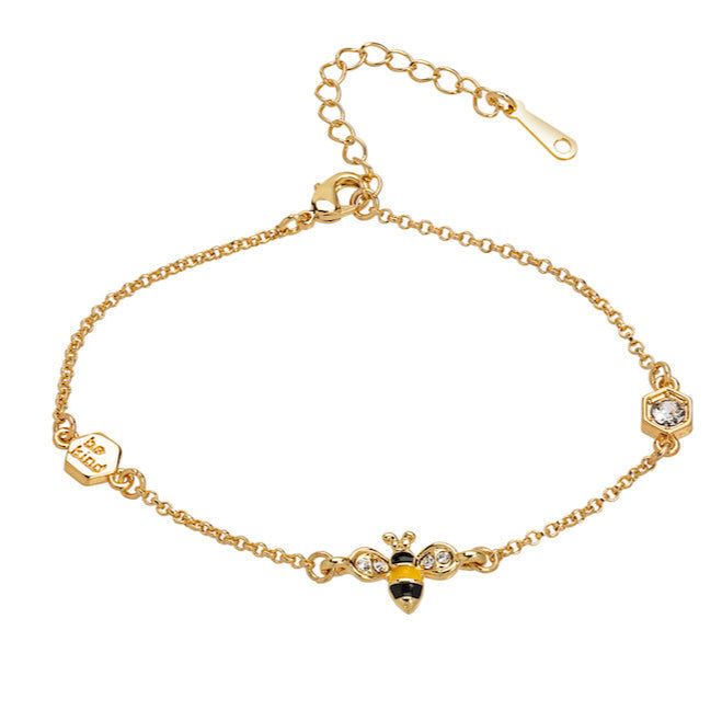 Bee Kind bracelet, gold plated with Swarovski crystals, engraved charm, adjustable design, gift-ready by callura