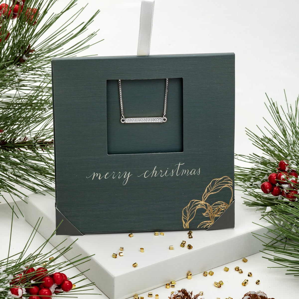 Swarovski bar bracelet in rhodium plated finish, adjustable design, presented on holiday card, gift-ready by callura