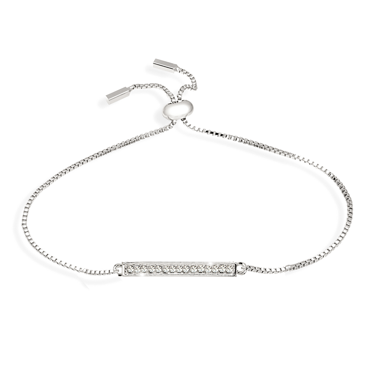 Swarovski bar bracelet in rhodium plated finish, adjustable design, presented on holiday card, gift-ready by callura