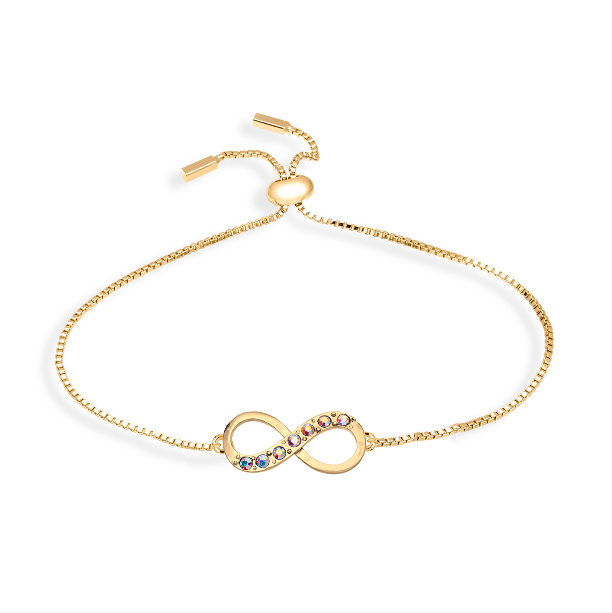 Infinity bracelet with Swarovski crystals, adjustable design, available in gold or rhodium finish – by callura