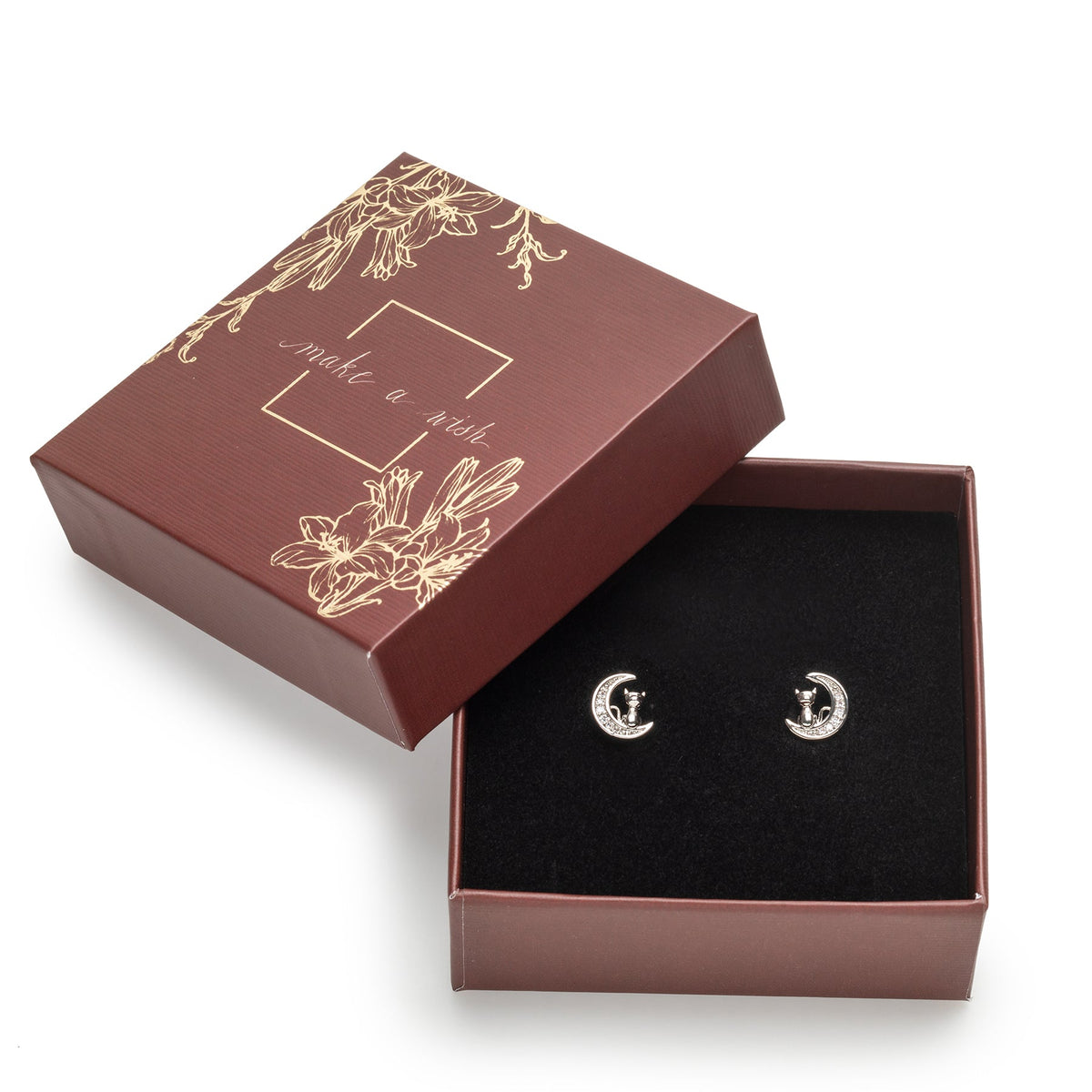 callura cat and crescent moon stud earrings displayed in a decorative gift box