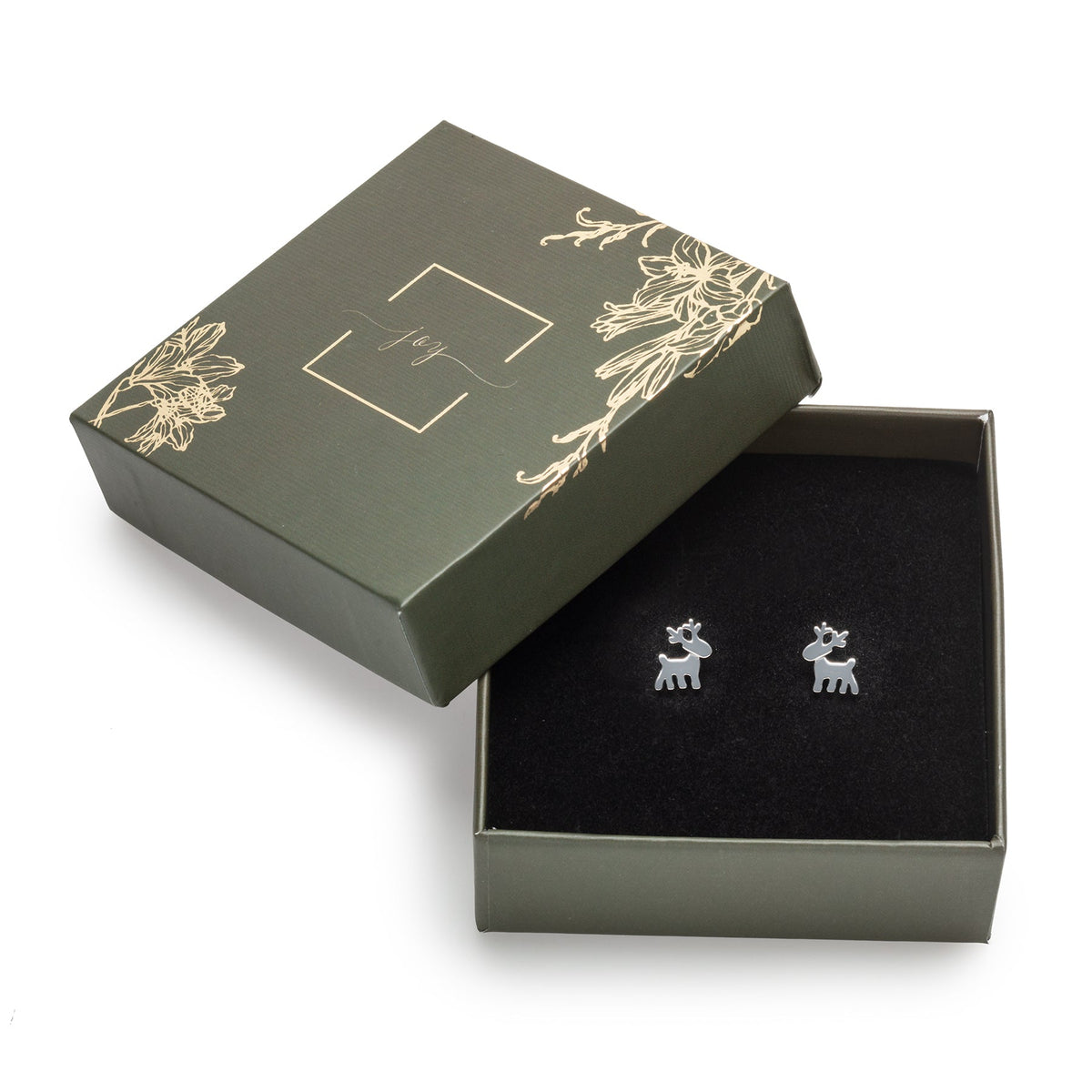 callura deer silhouette stud earrings displayed in a decorative gift box