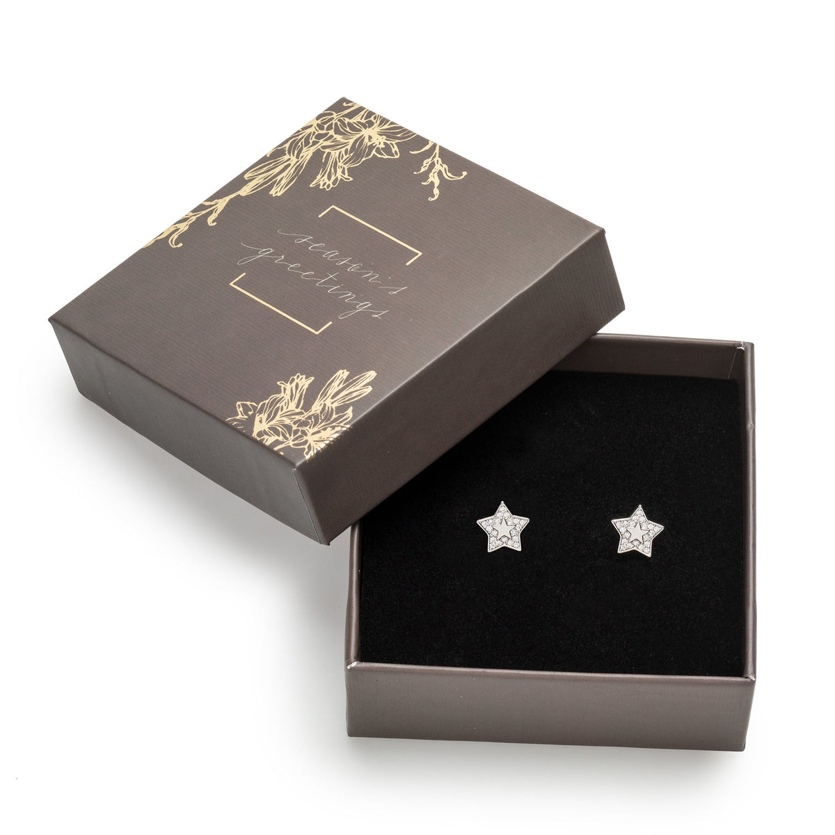 callura open star-shaped stud earrings displayed in a decorative gift box