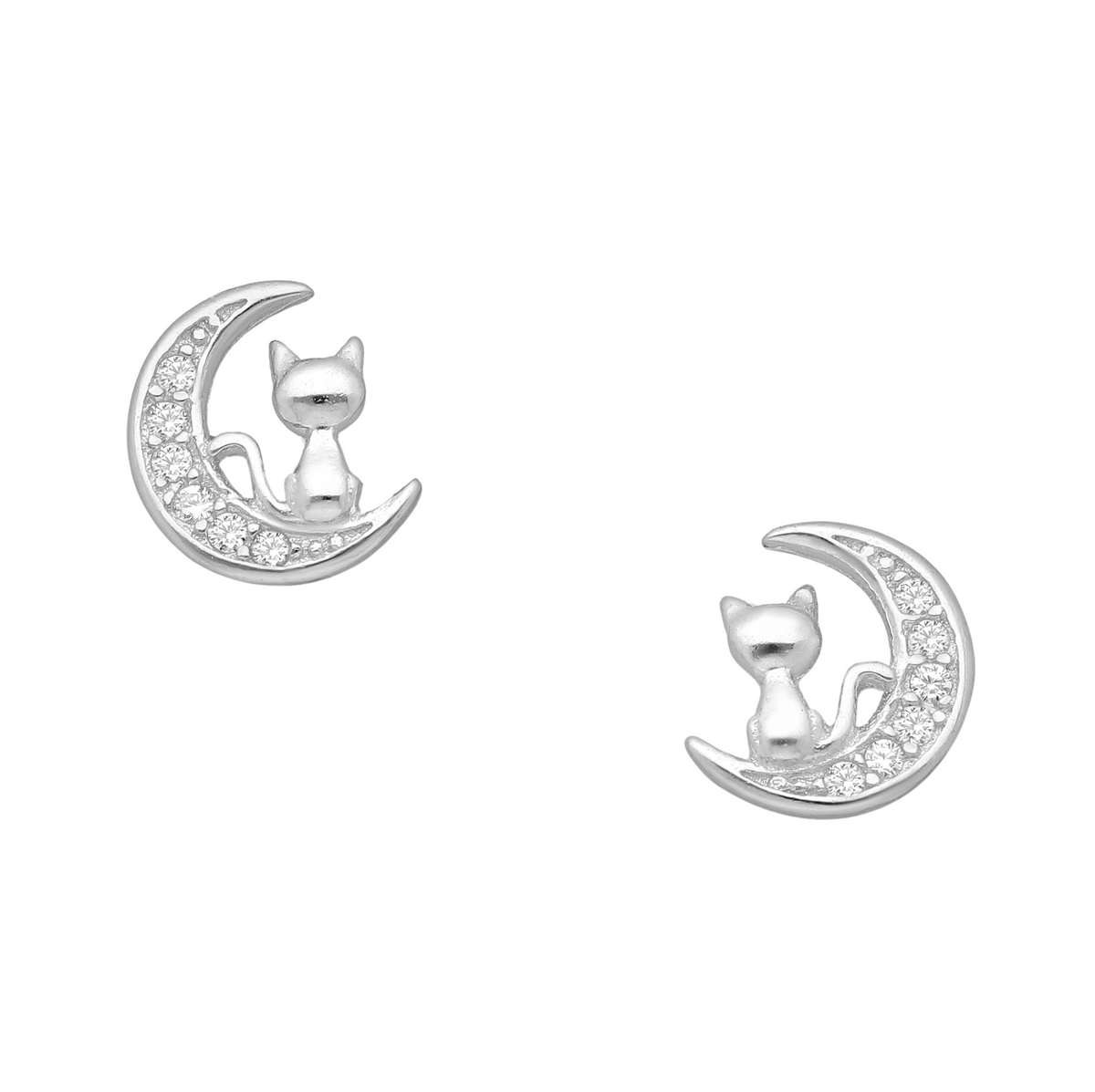 Close-up of callura cat and crescent moon stud earrings