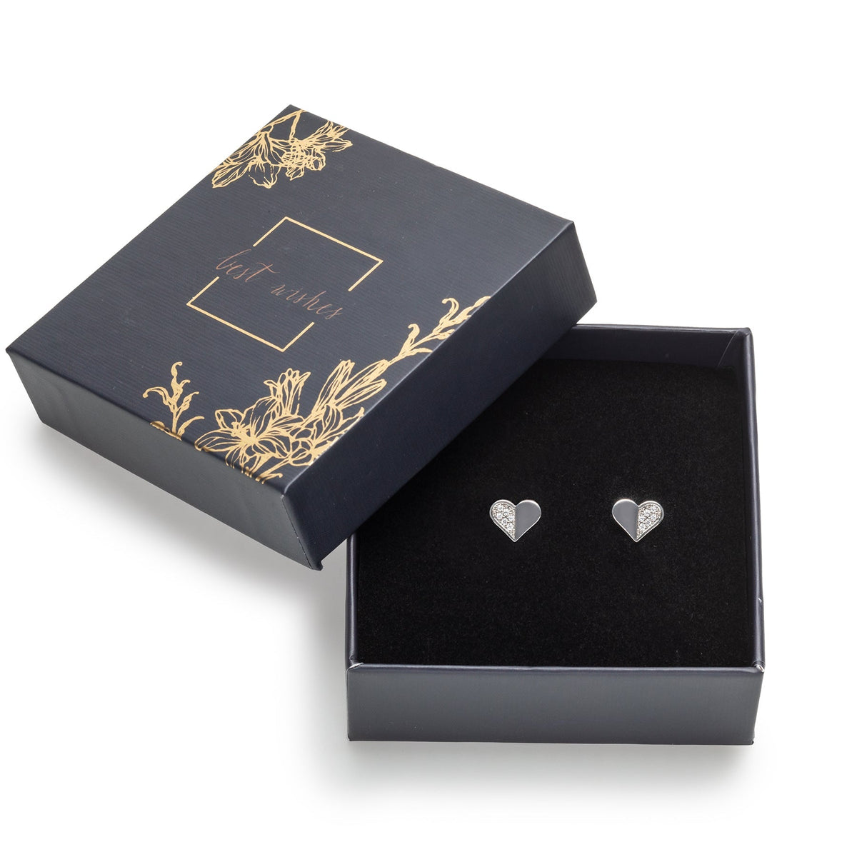 callura heart-shaped stud earrings with smooth and stone-set sections displayed in a decorative gift box