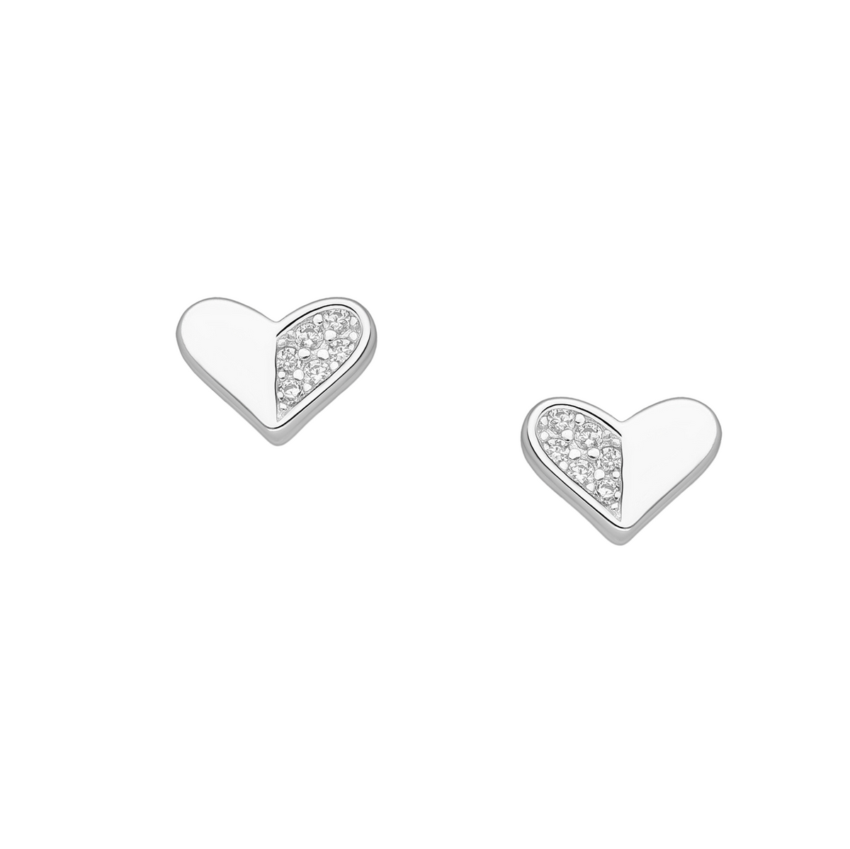 Close-up of callura heart-shaped stud earrings with smooth and stone-set sections