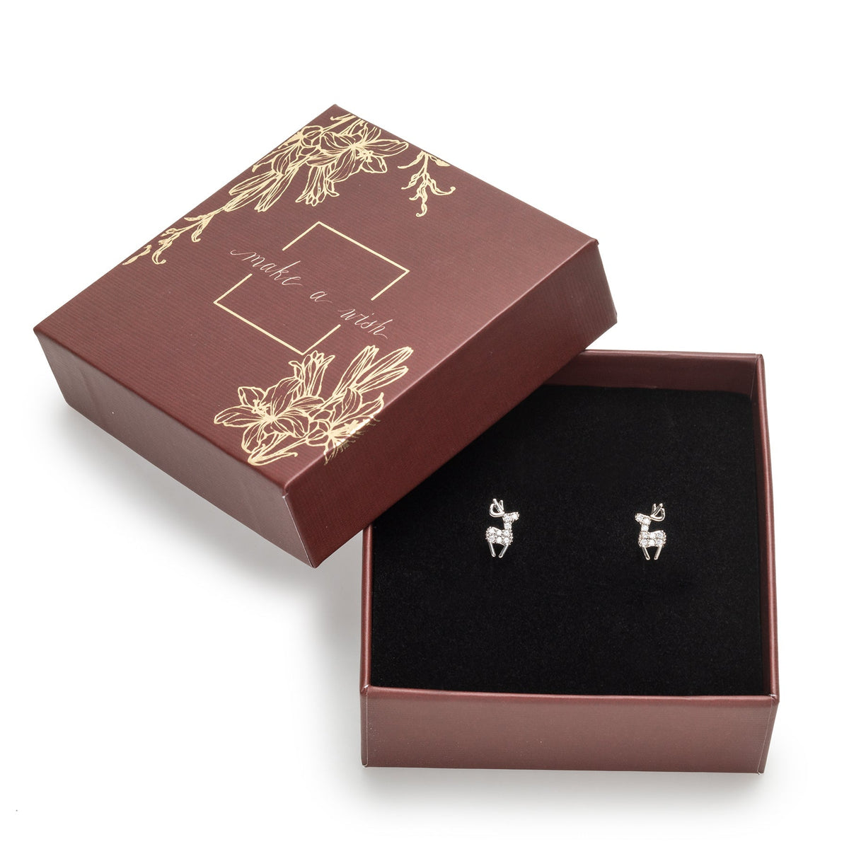 callura decorative deer stud earrings displayed in a decorative gift box