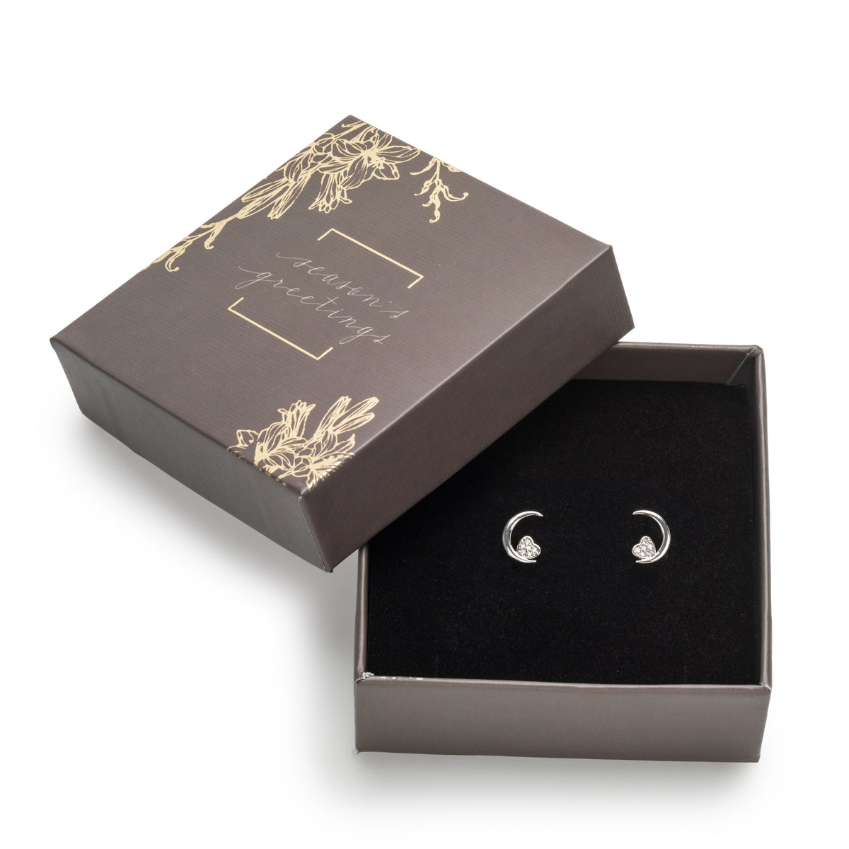 callura crescent moon stud earrings with heart details displayed in a decorative gift box