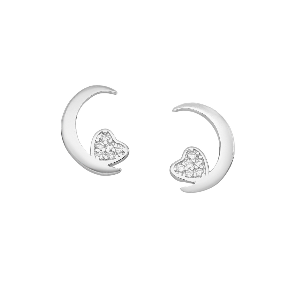 Close-up of callura crescent moon stud earrings with heart details
