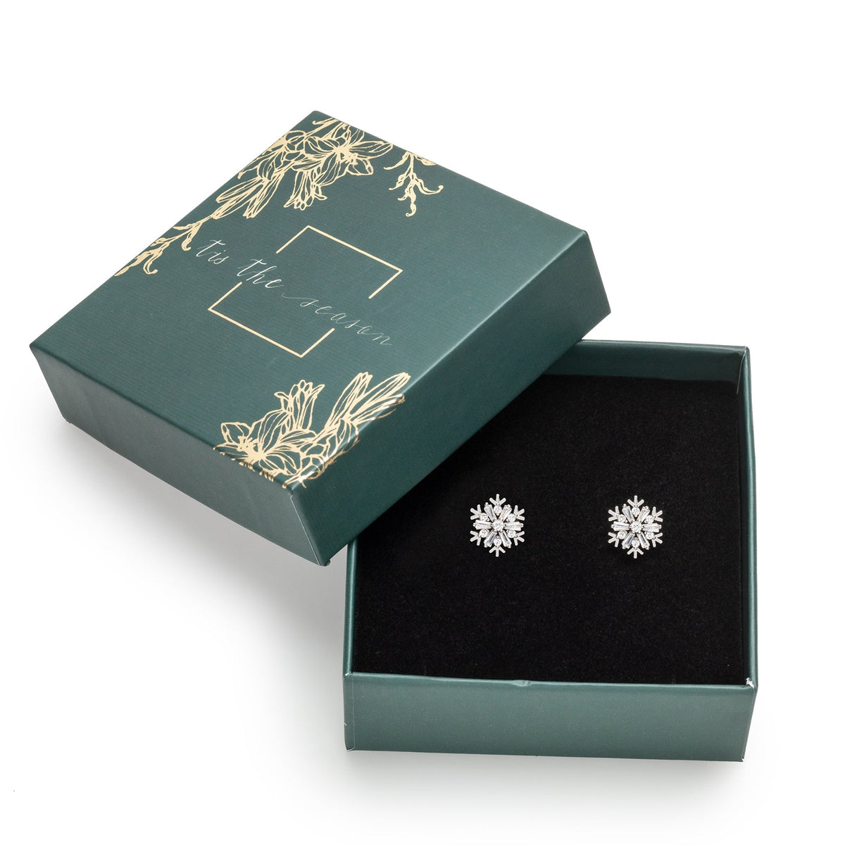 callura ornate snowflake stud earrings displayed in a decorative gift box