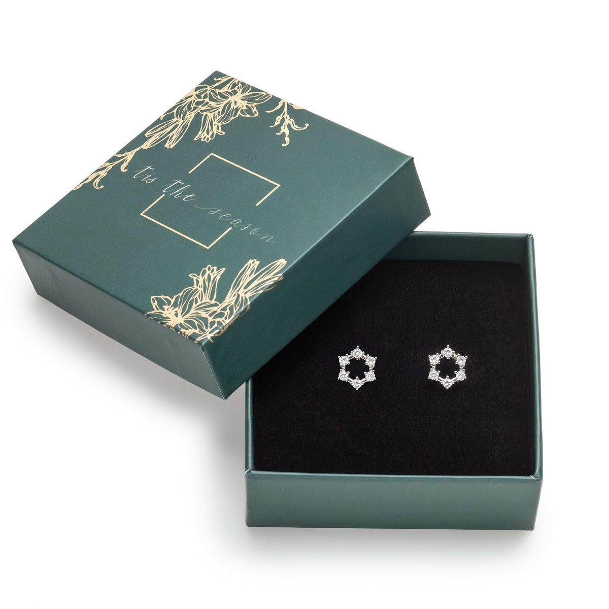 callura open wreath-shaped stud earrings displayed in a decorative gift box