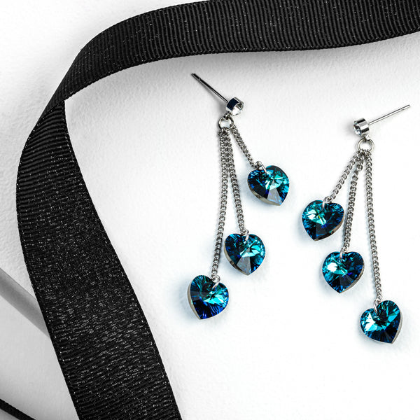 Bermuda Blue Triple Crystal Heart Drop Earrings