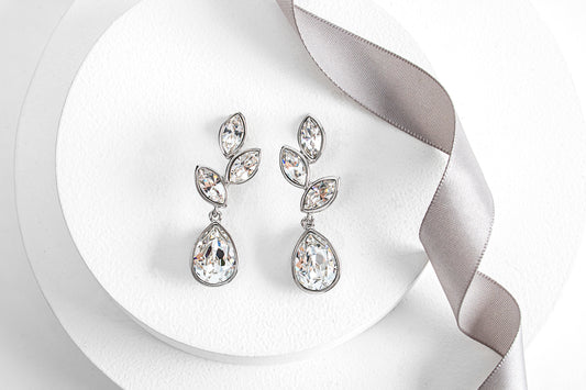 Silvertone & Clear Crystal Tri-Leaf Teardrop Earrings