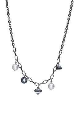 Gray Sterling Silver Charm Necklace with Crystals & Pearls