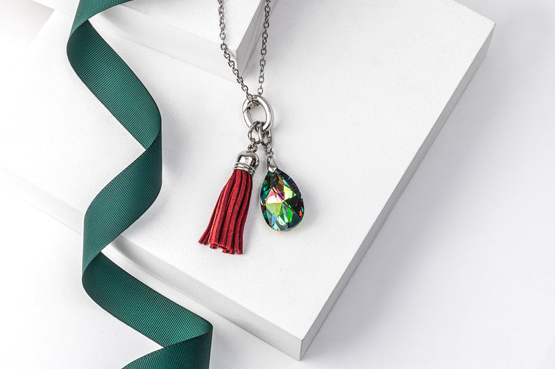 Crystal Teardrop & Tassel 2 in 1 Long Pendant Necklace
