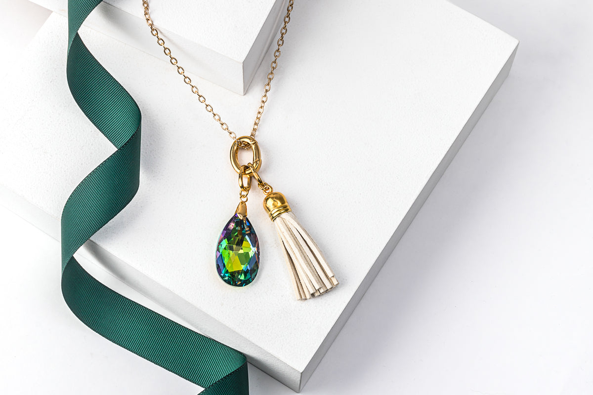 Crystal Teardrop & Tassel 2 in 1 Long Pendant Necklace
